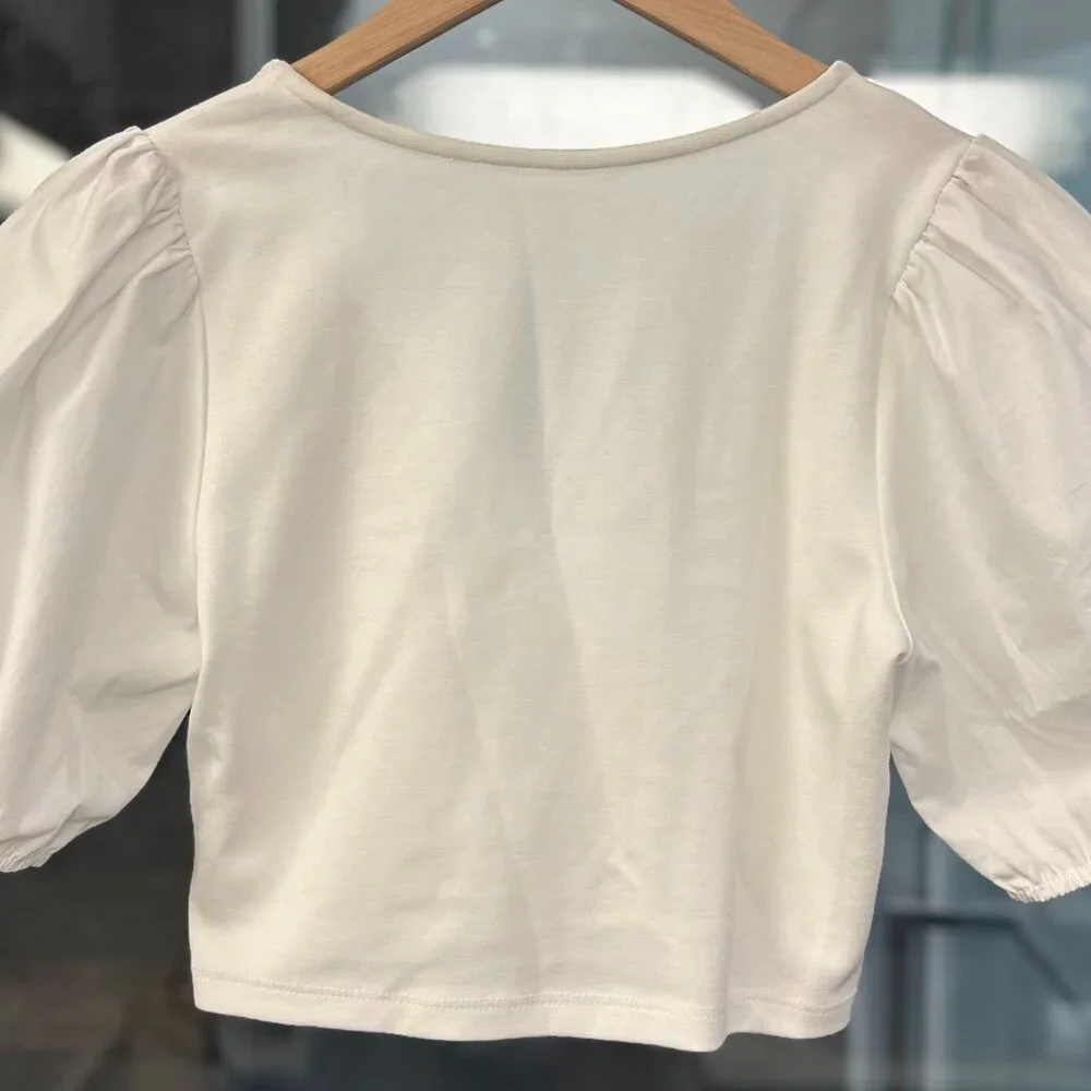 (NWOT) NLT Cotton-Poplin Puff Sleeve V-Neck Crossover Cropped Blouse (White) - Picture 13 of 14